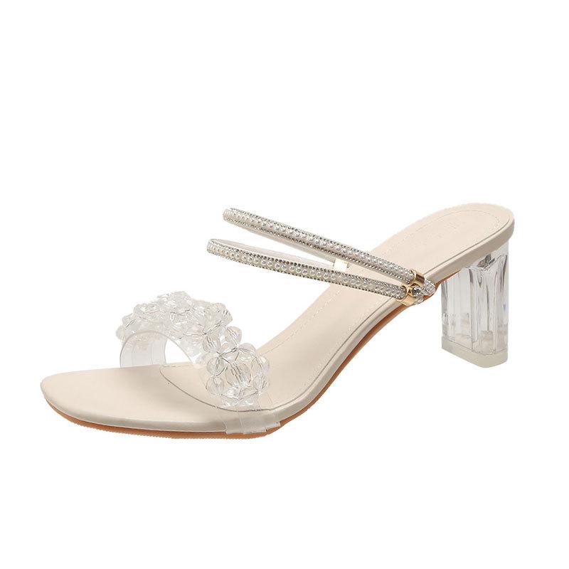 French crystal thick-heeled slippers for women's summer wear 2025 new fairy feng shui diamond two wear temperament high-heeled sandals