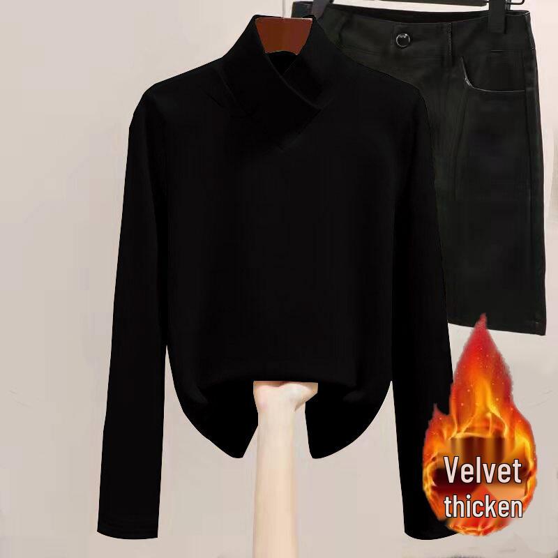 Women's Plush Thermal Slimming Top - Half-High Collar, Velvet-Lined, Versatile T-Shirt for Autumn Winter.