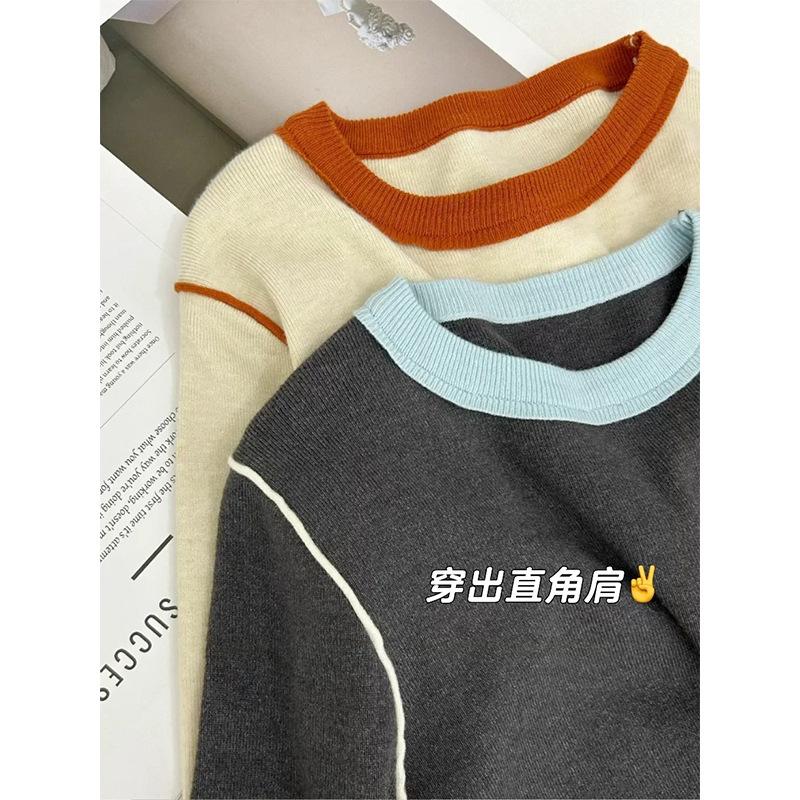 2025 spring niche contrasting color round neck inner top feminine temperament slim-fitting versatile soft waxy knitted sweater bottoming shirt