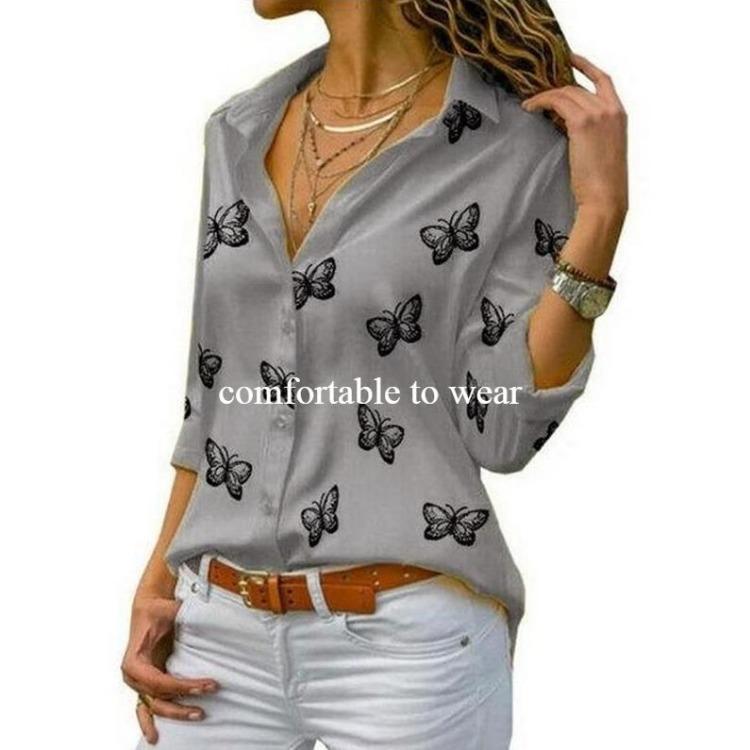 Solid Color Plus Size Women Butterfly Print Chiffon Blouse Long Sleeve Turn Down Collar Button Up Tops
