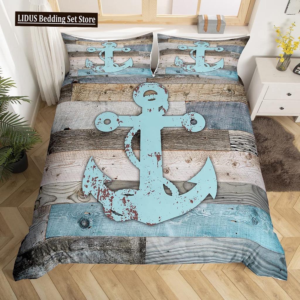 Maritimes Bettwäsche-Set mit Ozean-Anker-Dekor, Bettbezug, Seemann, Piratenkapitän, Meeresabenteuer, Tagesdecke für Kinder und Jungen, Marineblau