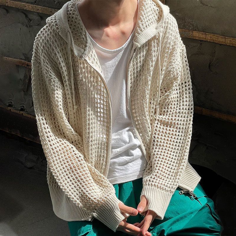 Strickjacke aus Mesh für Herren, offen vorne, lange Ärmel und Sonnenschutz, modischer Pullover