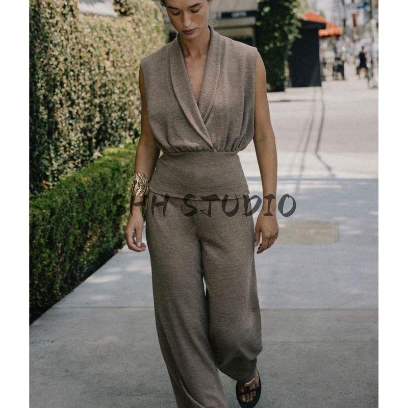 Seersucker Double Placket Top 5067164 Pique Basic Mid Waist Wide Leg Casual Trousers 5067165