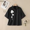 ZANZEA Women Casual Turn Down Collar Loose 3D Flowers Summer Half Sleeve Blouse
