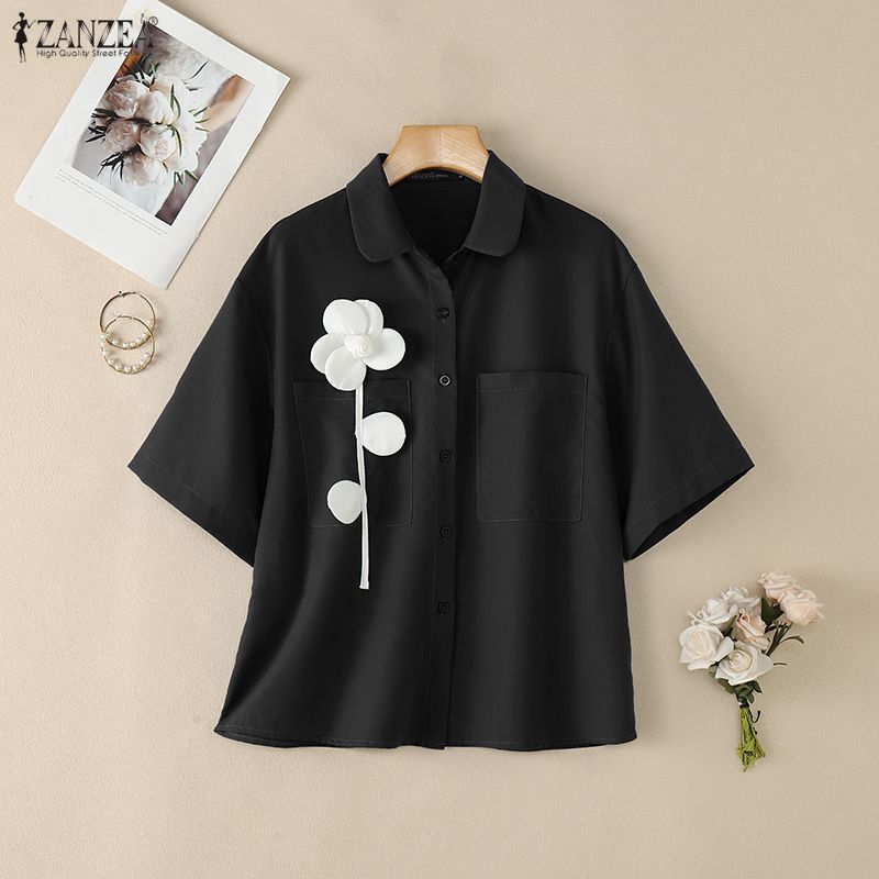 ZANZEA Women Casual Turn Down Collar Loose 3D Flowers Summer Half Sleeve Blouse