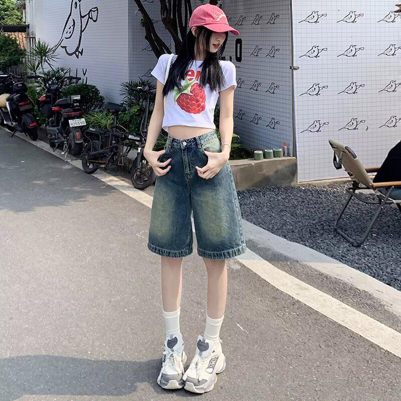 Women s 2025 Retro Washed Denim Mid-Length Loose Straight-Leg Shorts 3XL