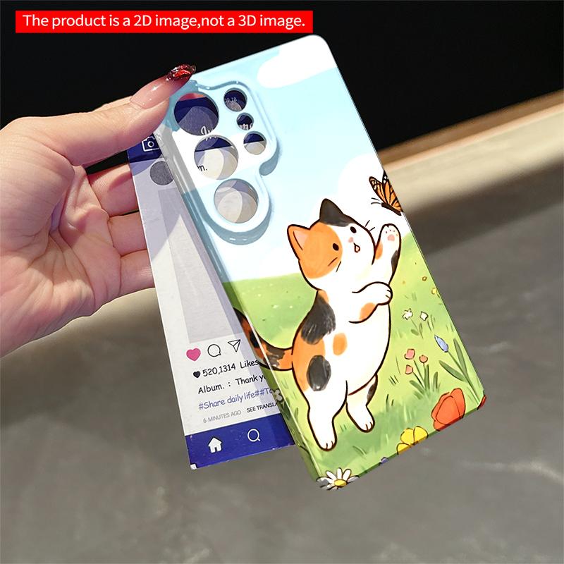 2DFlat Samsung phone case Calico Cat Chasing Butterfly in Meadow Applicable to Galaxy S23 S24 S25ULTRA S26 A12 A14 A15 A16 A54 A55