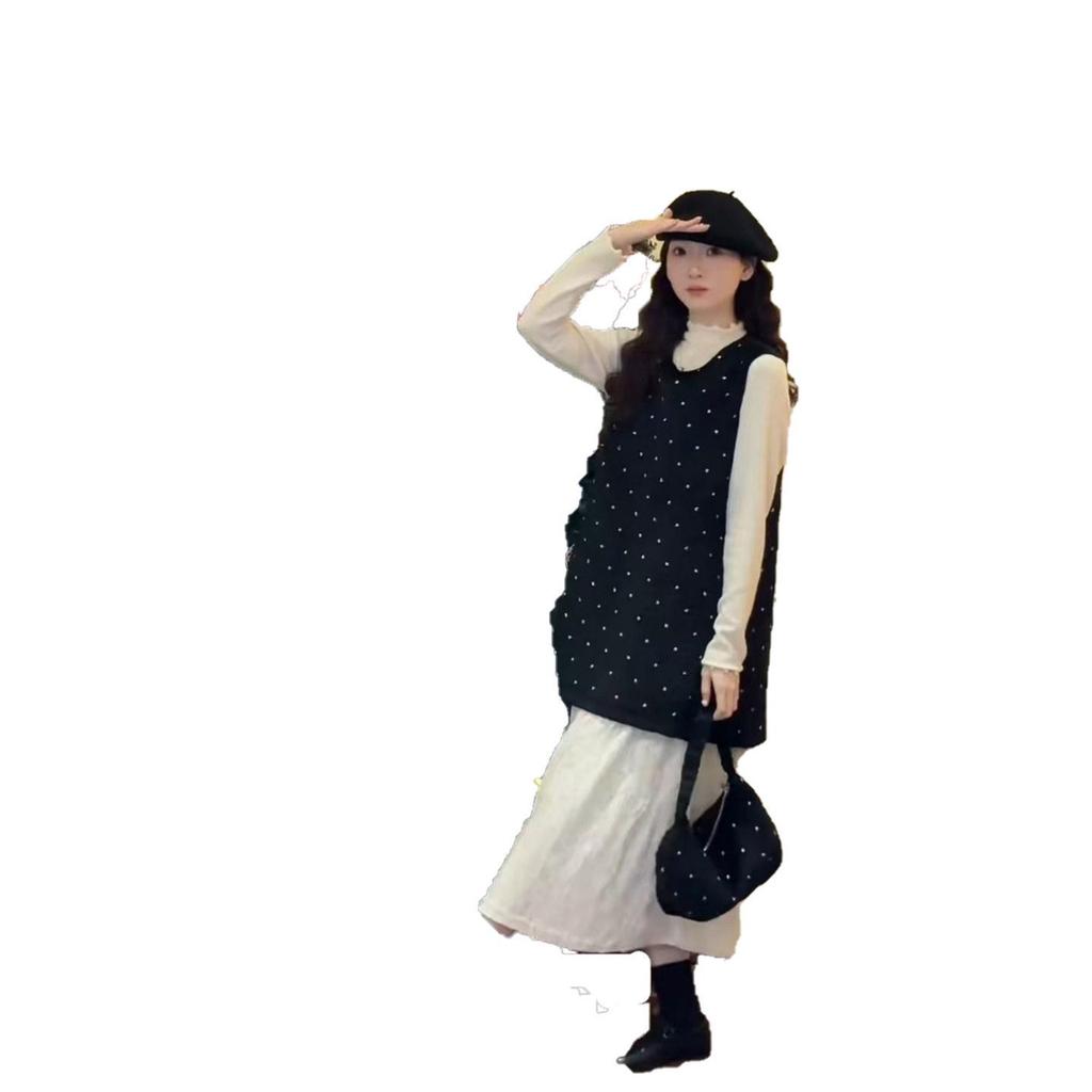 Korean Chic Polka Dot Long-Sleeve Base Layer & Vest Dress Set