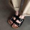Retro Platform Slippers for Women's Outward Wear Summer New Round Toe Open Toe Studded One-line Buckle Flat Shoes
