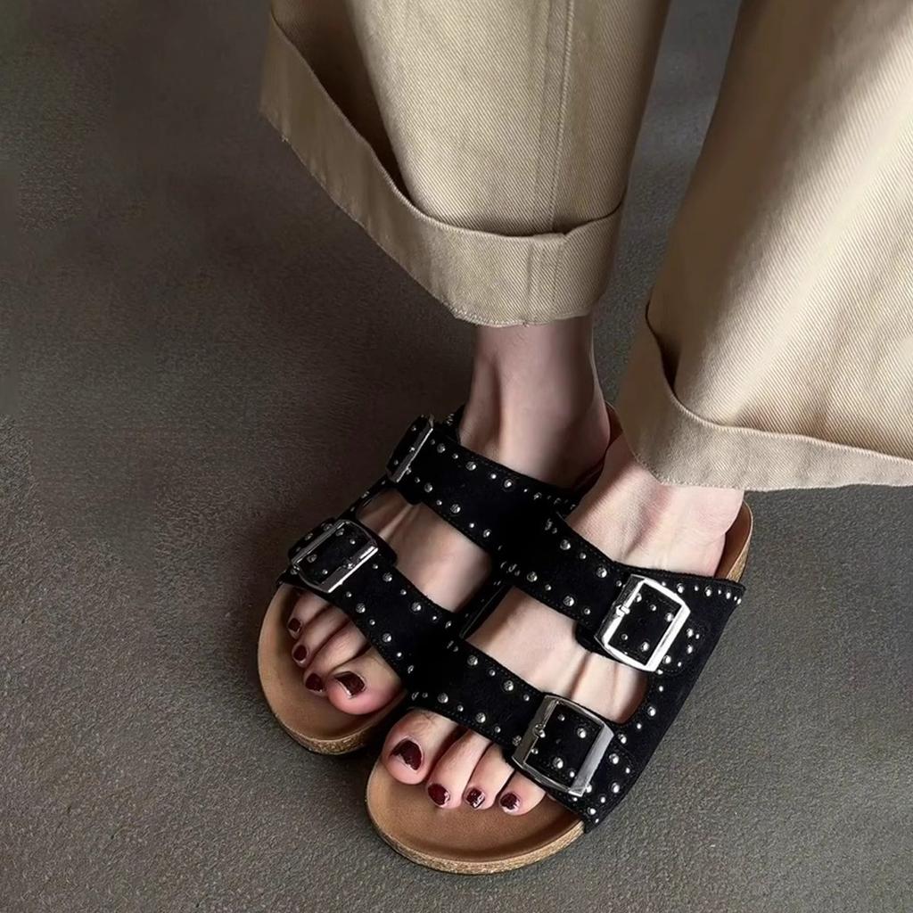 Retro Platform Slippers for Women's Outward Wear Summer New Round Toe Open Toe Studded One-line Buckle Flat Shoes