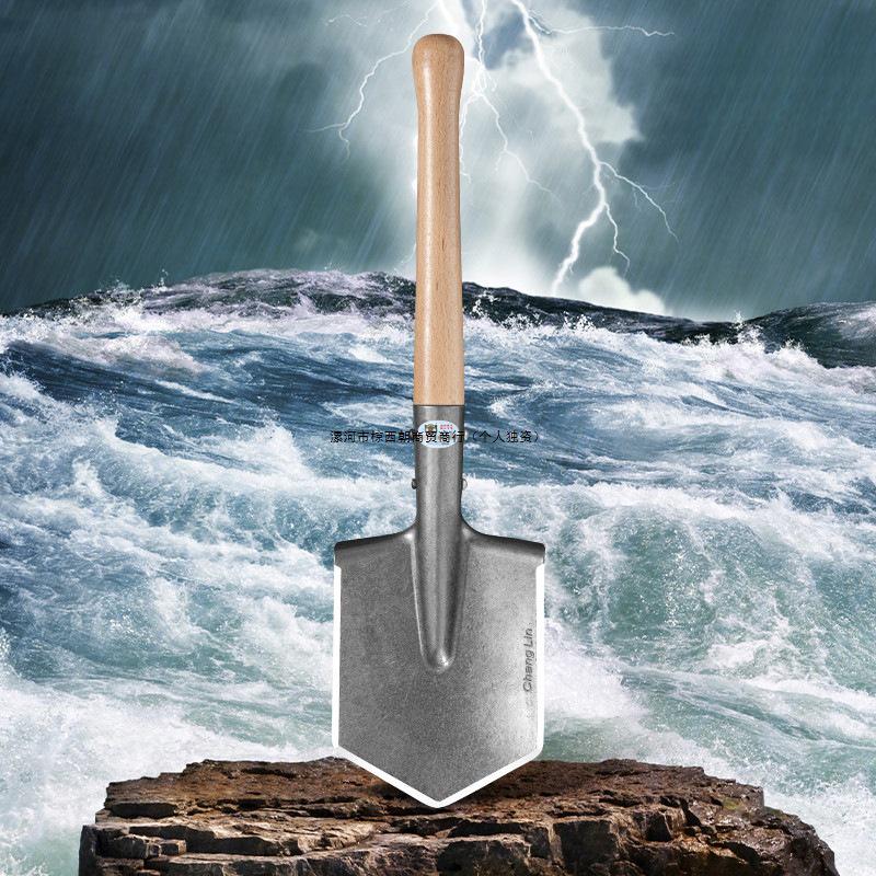 6B Multi-functional Entrenching Tool: Manganese Steel Large Combat Shovel with Wooden Handle, Vehicle-Mounted, Portable for Fishing and Outdoor Use.