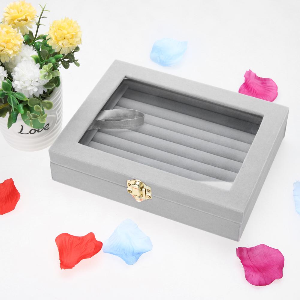 Velvet Jewelry Box with Glass Cover Jewelry Rings Stud Organizer Tray Box Portable Earrings Necklace Jewelry Display Holder Case