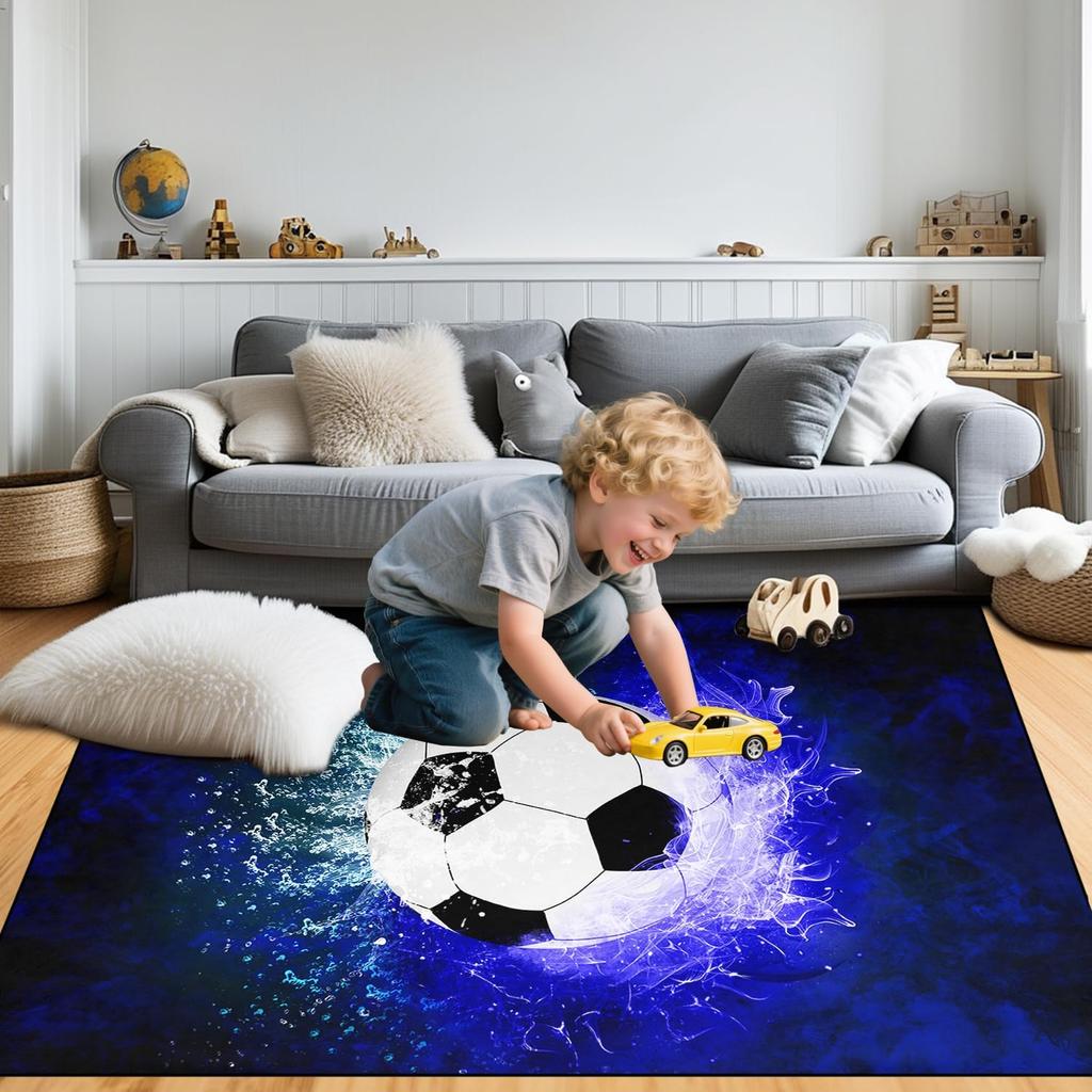 Soccer and Football Rugs for Boys Bedroom, Kids Sports Room Decor, Non-Slip Soccer Carpet for Kids Room