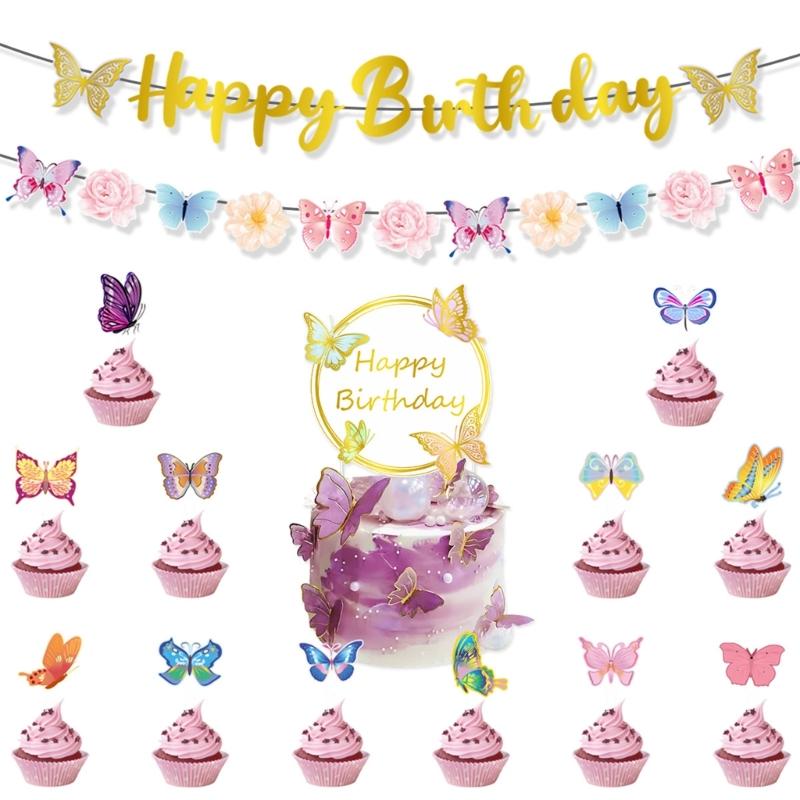Butterfly Cake Toppers Set Party Supplies Hanging Swirls Colorful Banners Paper Texture for Creative Butterfly Dessert