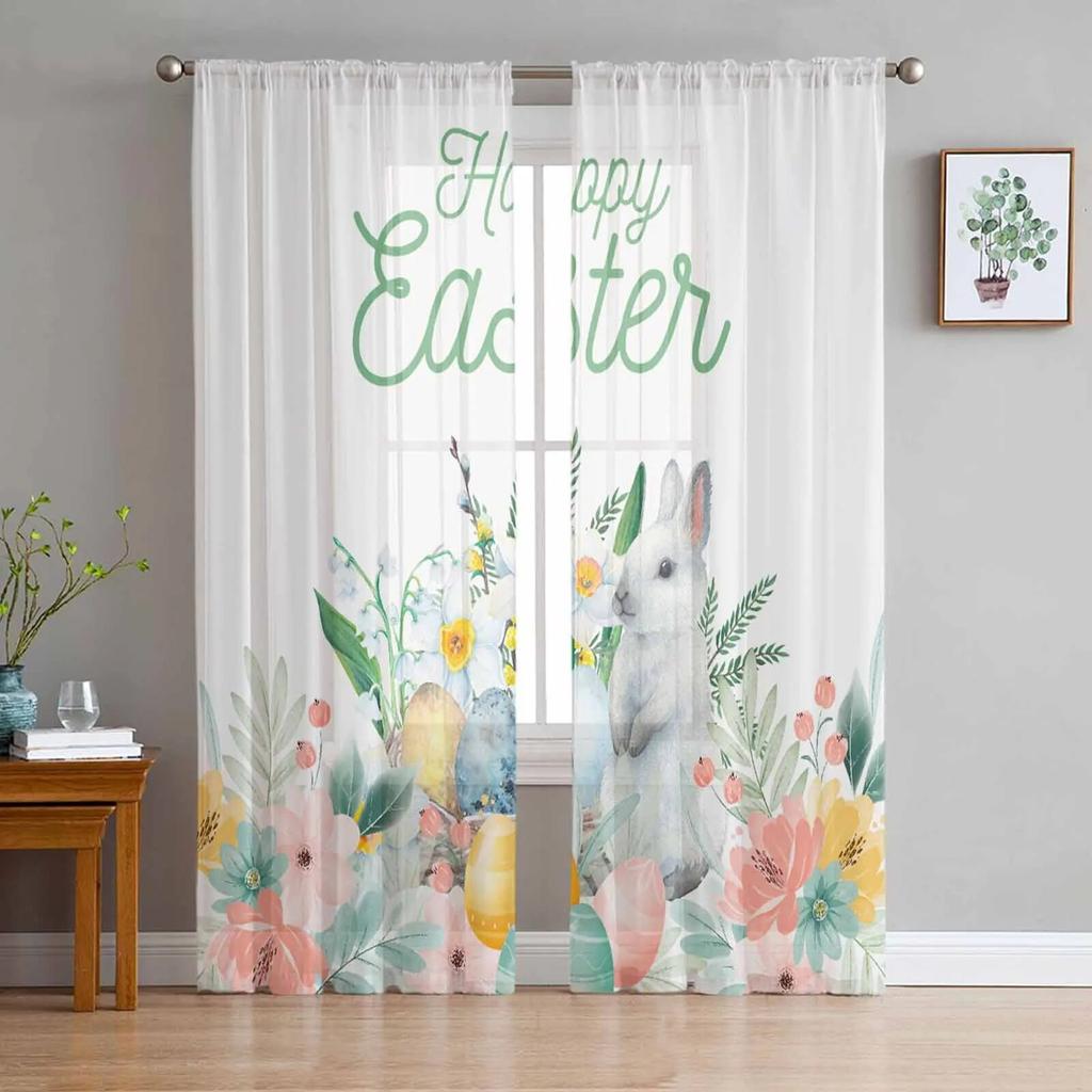 Osterhasen-Eier-Blumen-Tüllvorhänge für Wohnzimmer, durchsichtiger Vorhang für Schlafzimmer, Küche, Jalousien, Voile-Vorhänge