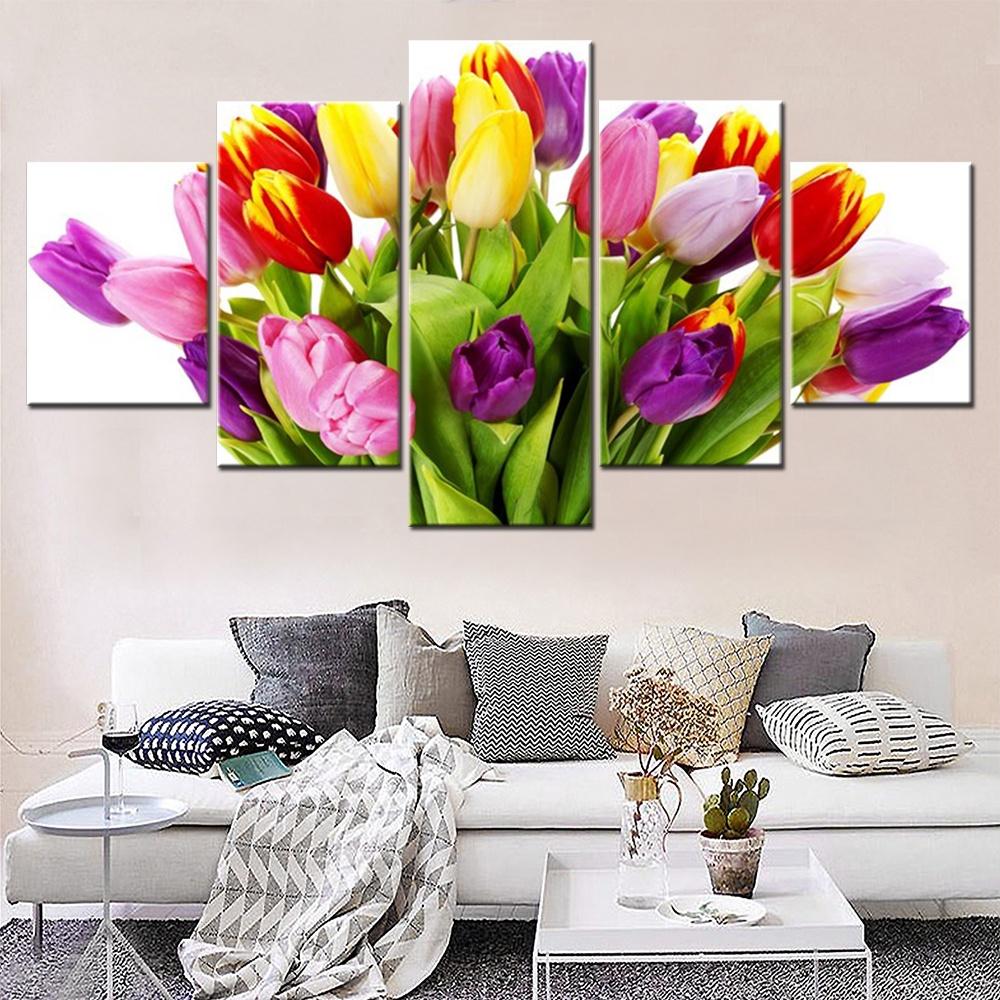 5 Pieces Canvas Wall Arts Poster Painting Tulips Flowers Bouquet White Background Home Decor Modular Picture Print Living Room