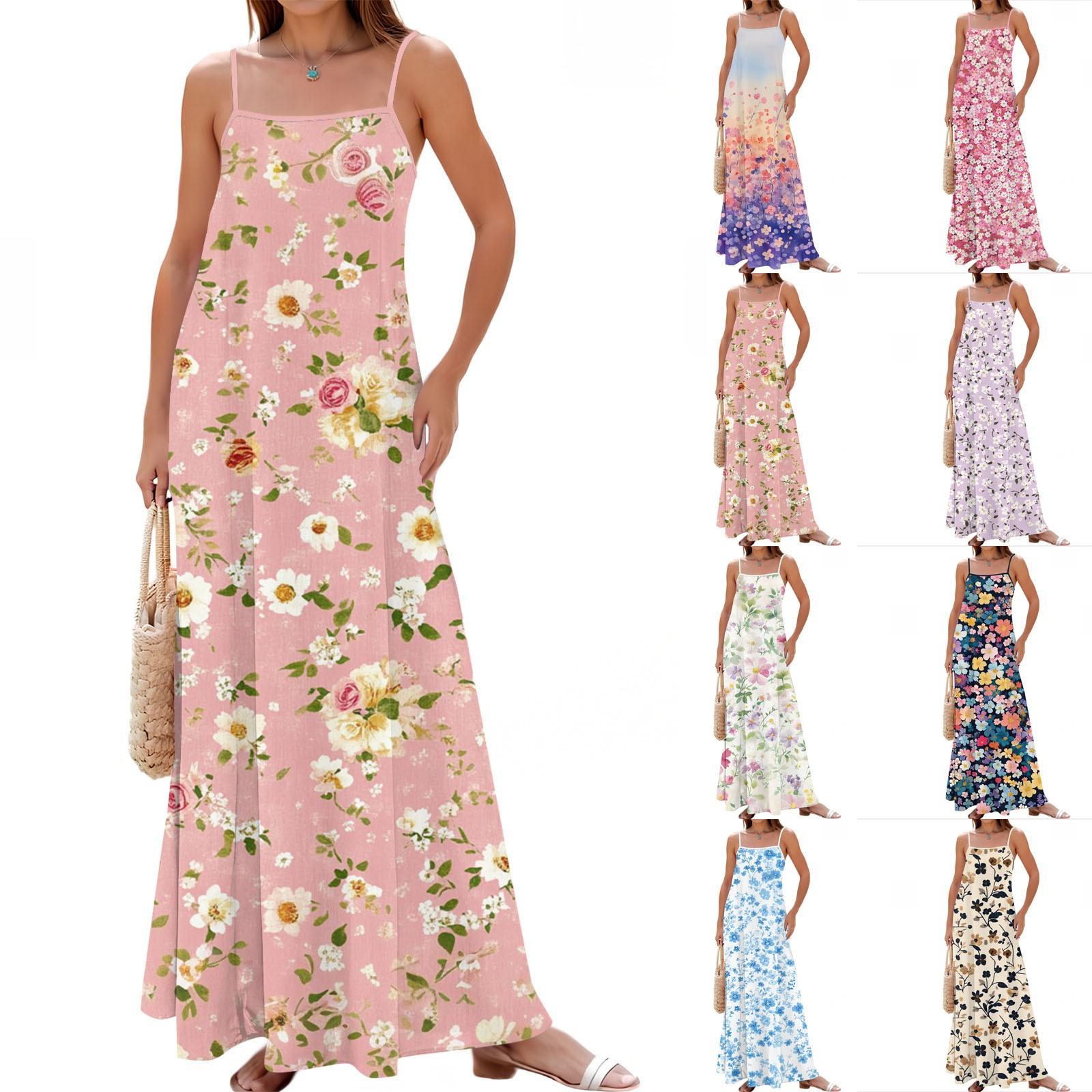 

Women s Spring And Summer Casual Fashion Adjustable Suspender Printing Long Dress XL синій