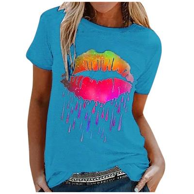 Fashion Women Casual Colorful Lip Print Short Sleeve  T-Shirt Blouses Tops