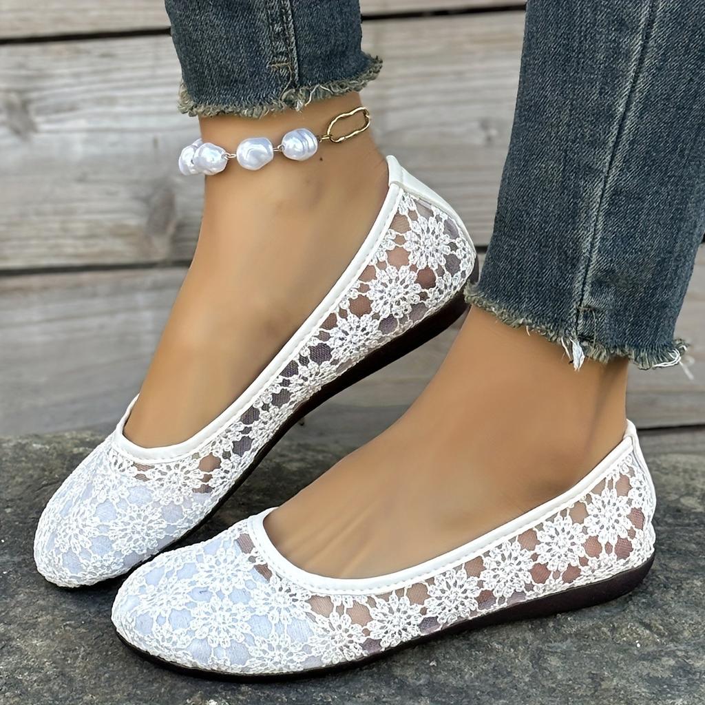 Modische Ballerinas für Damen mit floralem Spitzendetail – atmungsaktiv, zum Hineinschlüpfen, Loafer mit runder Zehenpartie, Design, ganzjähriger Komfort, Ballerinas