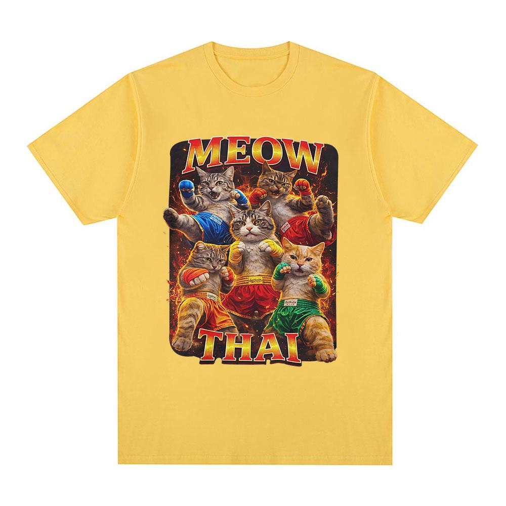 Meow Thai T-Shirt Muay Thai Katze Meme Ironisch Kampfsport Katze T-Shirts Herren Damen Sommer Mode Kurzarm Baumwolle T-Shirts