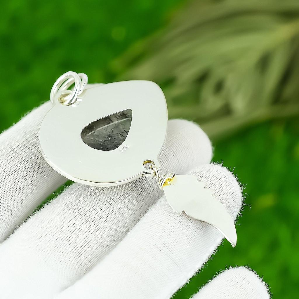 Natural Black Rutile Gemstone Pendant 925 Sterling Silver Indian Jewelry