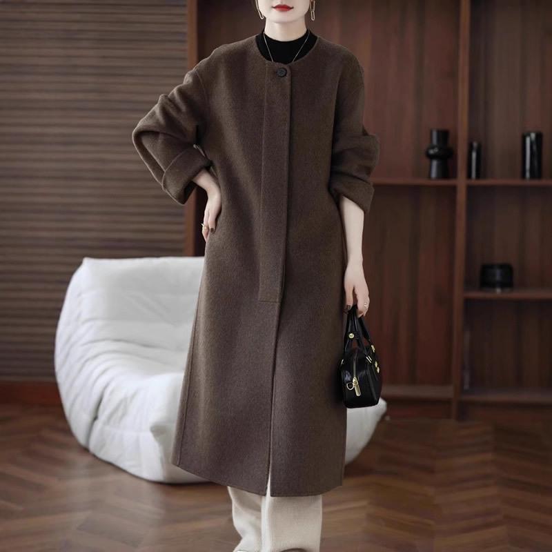 Women's Extra Long Double-Faced Wool Coat - Round Neck, Chinese Style