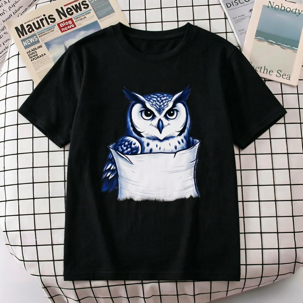 

Blue Owl in Pocket Graphic T Shirt Unisex Women Casual Cotton Short Sleeve Cute Animal Print Tee Streetwear M