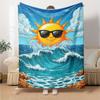 Cool Sunglasses Sun Ocean Wave Sea Rock Cartoon Print Flannel Blanket Soft Warm Throw Blanket For Sofa Bedroom
