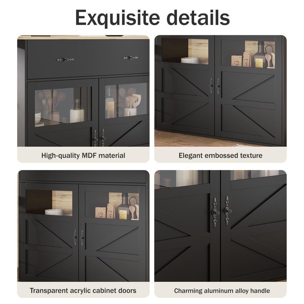 Extendable bar table with storage (138-204×39×104cm), 360° rotatable dining bar, kitchen island bistro table, sideboard cabinet with shelves, black