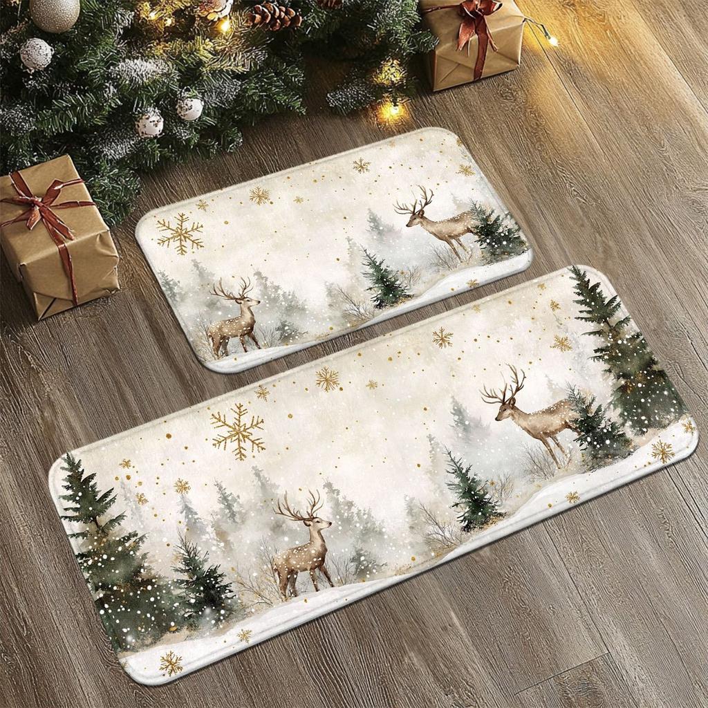 Set Christmas Kitchen Floor Mats Non Slip Washable Plaid Bean Cartoon Runner Rug for Family Xmas Holiday Decor