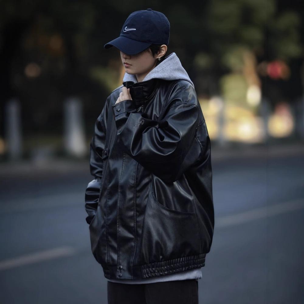 Spring and Autumn American Retro Pilot PU Leather Jacket Men and Women Ruffian Handsome Trend Loose Stand-up Collar Leather Jacket Top