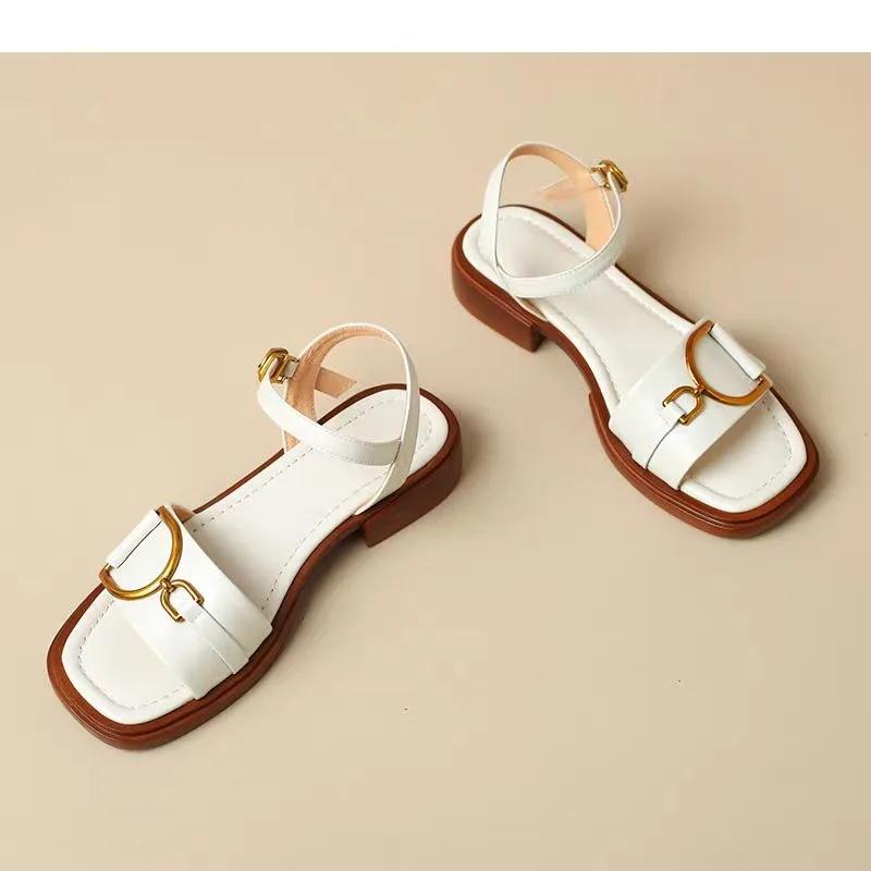 Women Sandals Square Toe Open Toe Low Heel One-line Buckle Metal Buckle Shoes Concise Style Plus-size Retro Sandalias De Mujer