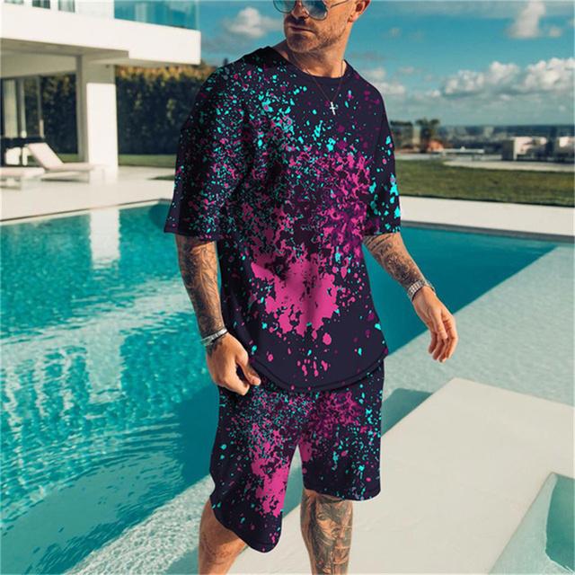 Set de tricou Camouflage retro Splash Ink Imprimare 3D Pantaloni scurți cu mânecă scurtă Moda hip-hop de vară Costum de îmbrăcăminte sport pentru bărbați