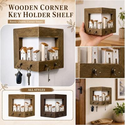 Wooden Wall Key Hook Rack with Shelf for Corner, House-Shaped Entryway for Coats and Keys, Bedroom Hallway Storage