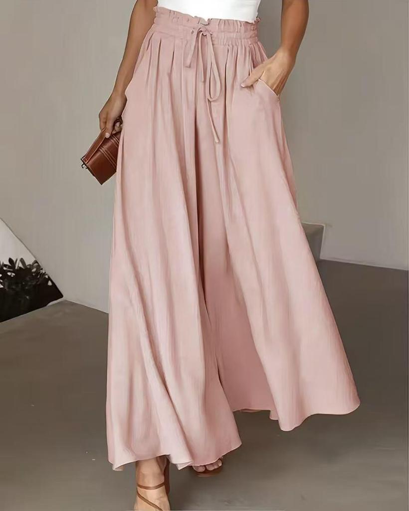 2026 Sommer Europäische & Amerikanische High-Waist Weitbeinige Kordelzug Rockhose - Damen Einfarbig Lässig