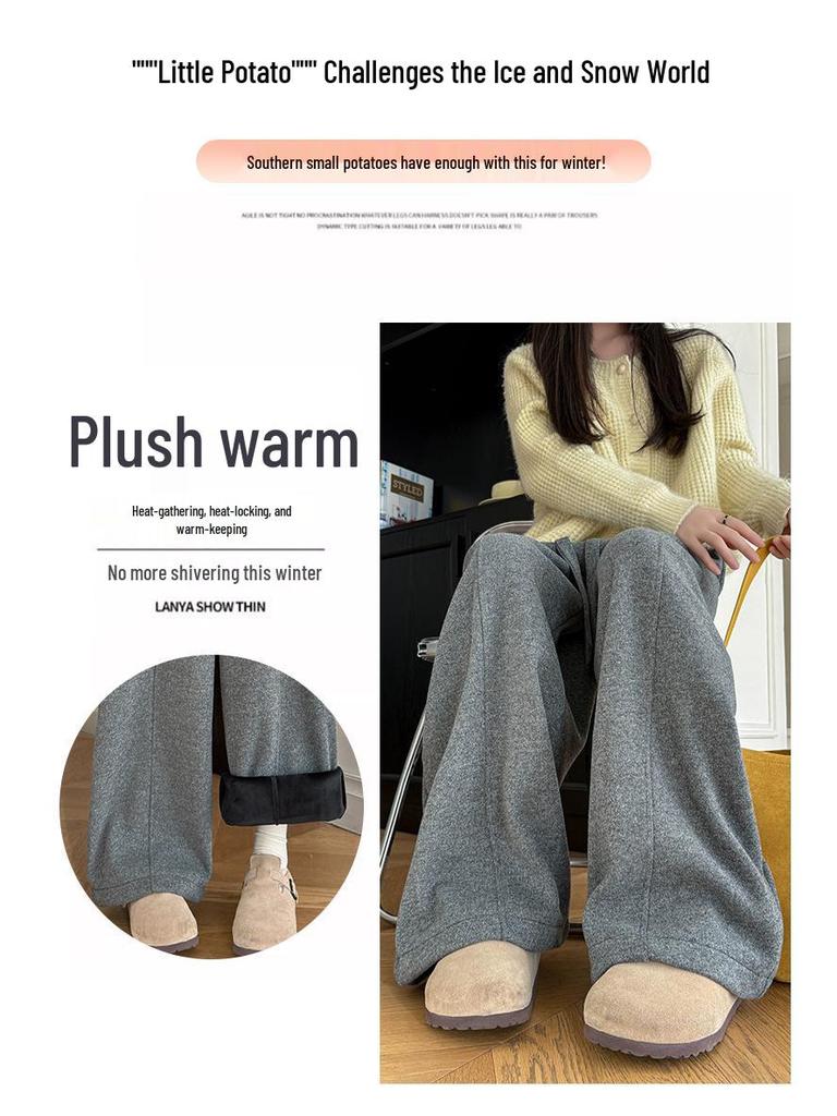 Women's Plus Size High Waist Wide Leg Pants - Fluffy, Thick, and Slimming for Autumn/Winter