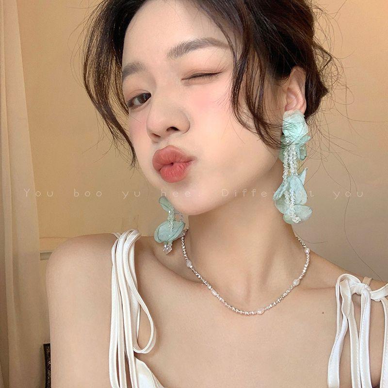 Mint Mambo Green Seaside Vacation Style Crystal Flowers Tassel Stud Earrings for Women Long High Profile Generous Earrings Earrings