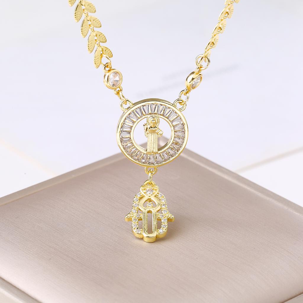 Our Lady of Guadalupe Hamsa Hand Stainless Steel Chain Necklace Gold Plated Zircon Religious Zircon for Women Charm Amulet Gift