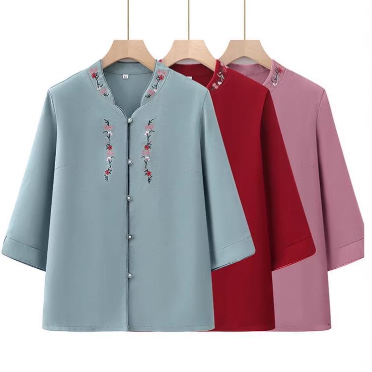 Chinese Style Embroidered Summer Shirt for Elderly Women
