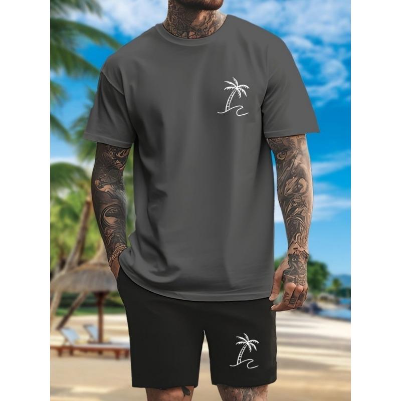 Set Nou de Vară pentru Bărbați cu Palmier și Gradient, Tricou Moale și Respirabil cu Gât Rotund și Pantaloni Scurți, Set de Două Piese pentru Timp Liber în Aer Liber și Urban
