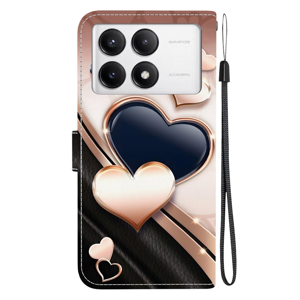 Handmade PU Leather Flip Case for Xiaomi Poco F6 Pro Anti-Slip Shockproof Cover with Wrist Strap & Heart/Rose Cat Designs