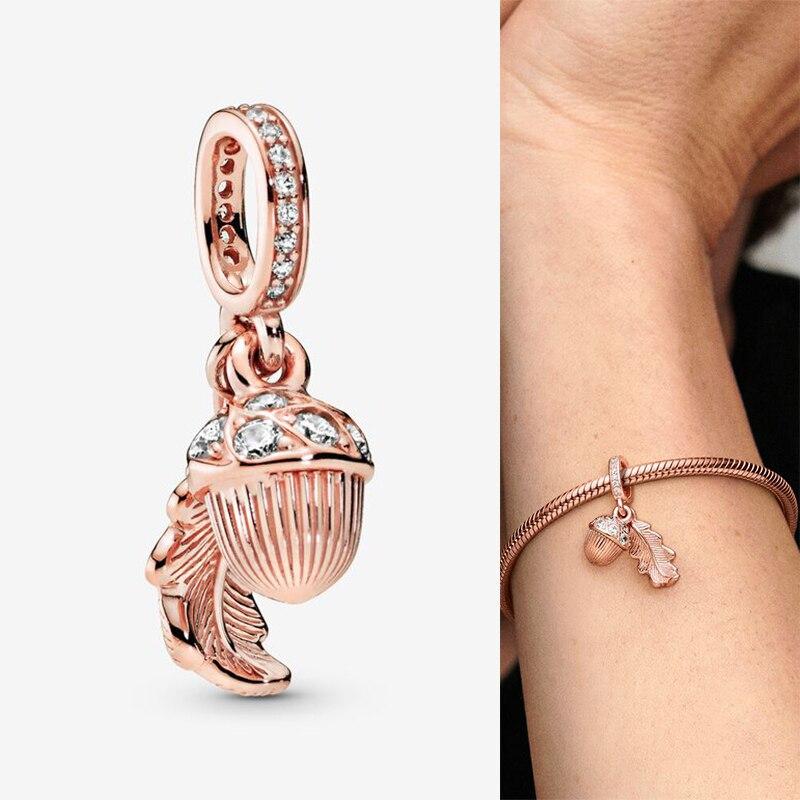 925 Sterling Silver Charm Rose Gold Acorn And Falling Leaves Pendant Fit Fashion Women Bracelet &Necklace Diy Jewelry