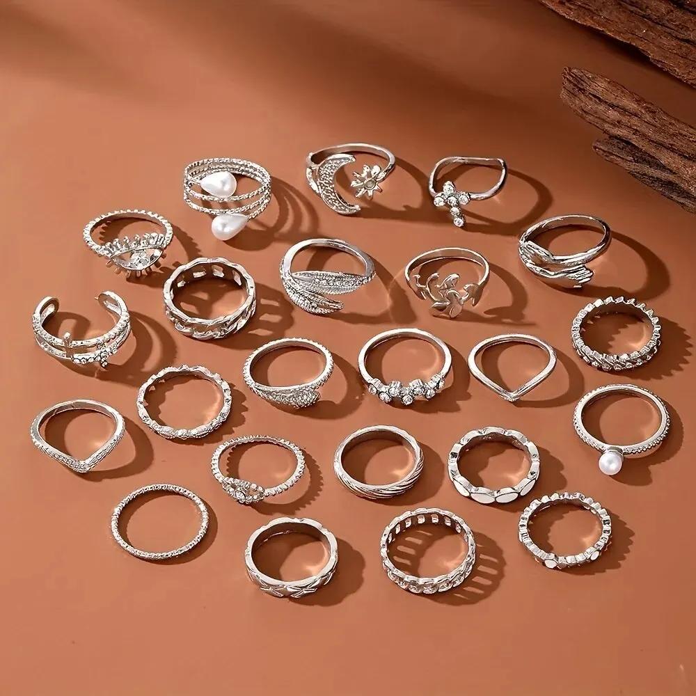 23pcs Fashion Silver Color Pearl Rings Set For Women Cross Butterfly Leaf Evil Eye Patterns Mix And Match Daily Outfits Jewelry