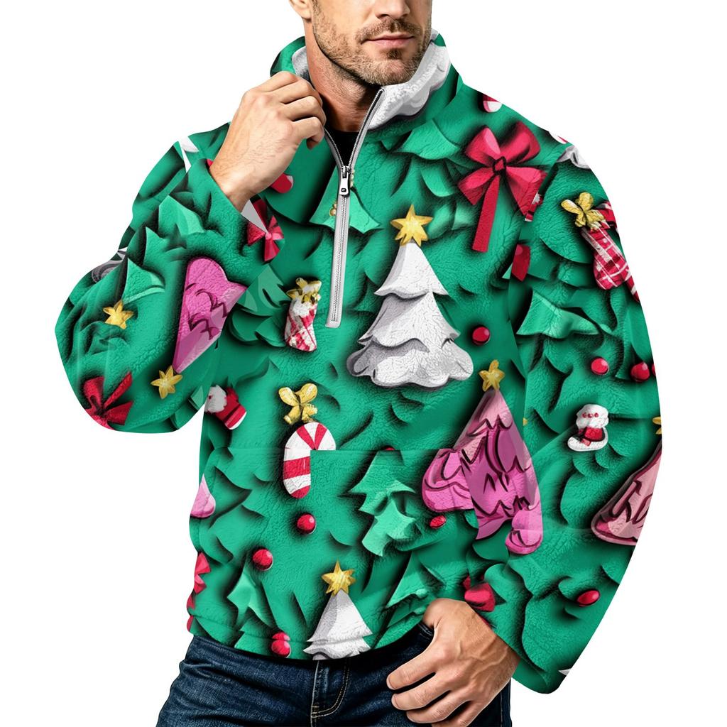 Men's Christmas Print Zip-Up Sweatshirt with Stand Collar, Plus Size Flannel Top for Fall Winter