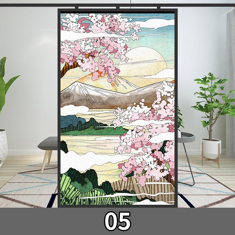 Japanese Style Privacy Window Film Static Cling Stained Ukiyo-e Cherry Blossom Glass Film Toilet Bathroom Window Stickers