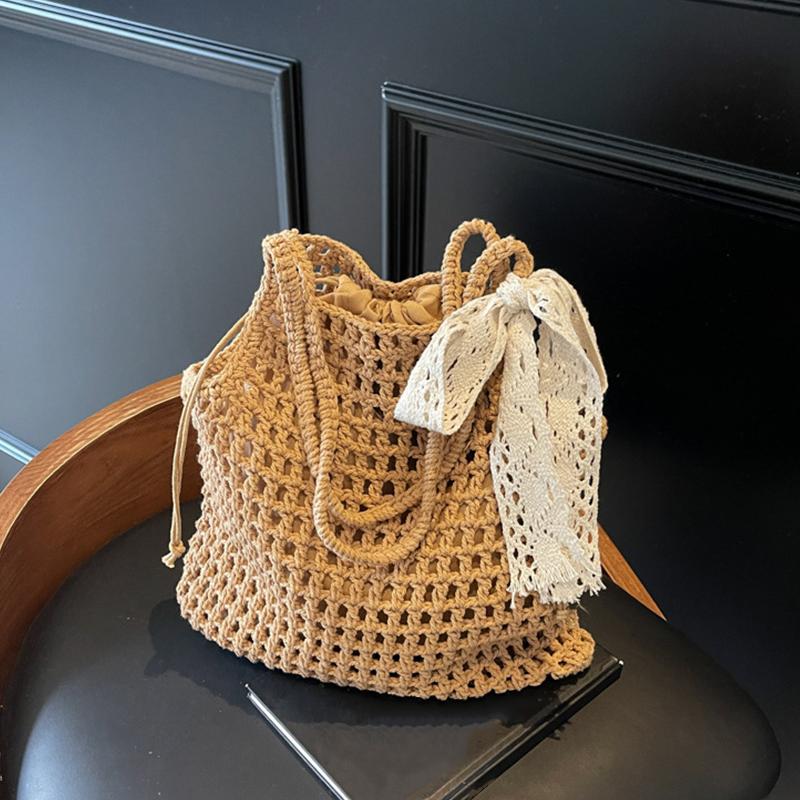 

Arrival Hollow Out Lace Bow Shoulder Bags For Women Large Capacity Straw Handbag Totes Vintage Travel Beach Bag Shopping Pack