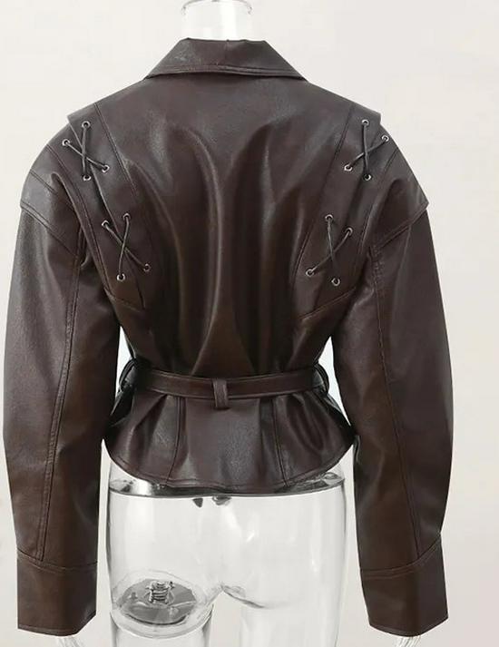 2024 Autumn/Winter Cross-border Fashion Lapel Tie Long Sleeve Leather Jacket
