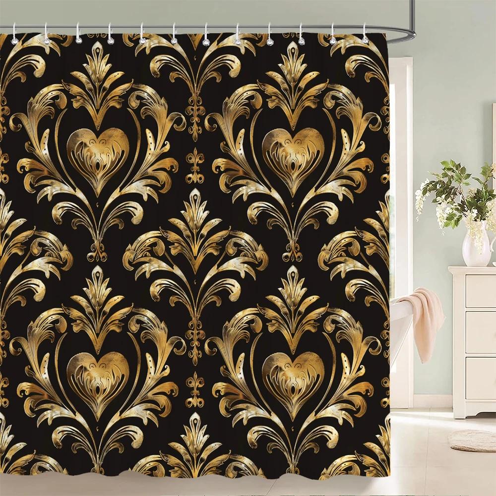 1Pc European Style Golden Flowers Shower Curtain Waterproof Fabric,Floral Print Partition Curtain Decorate Bathroom Curtain