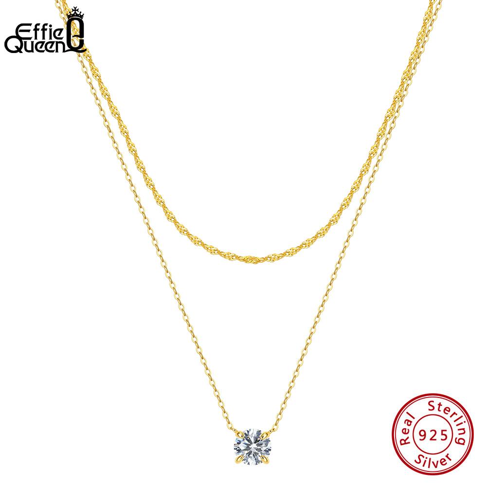 EFFIE QUEEN 925 Pure Silver Multilayer Chain Necklace 5A Crystal Zircon Charm Layered Pendant Neck Chain Fashion Jewelry BQN45
