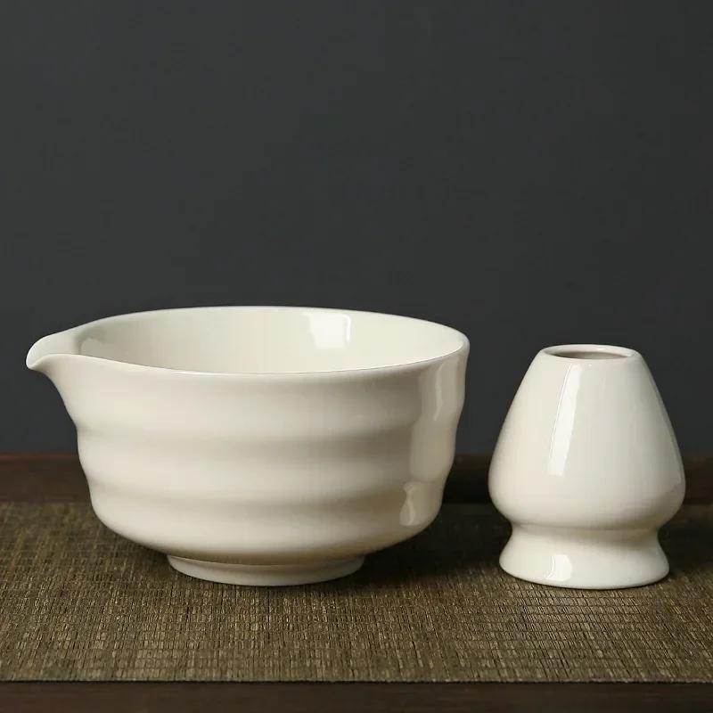 2Pcs Tea Bowl with Pouring Spout and Whisk Holder Matcha Ceramic Bowl for Tea Lovers Matcha Beginner Japanese Matcha Preparation